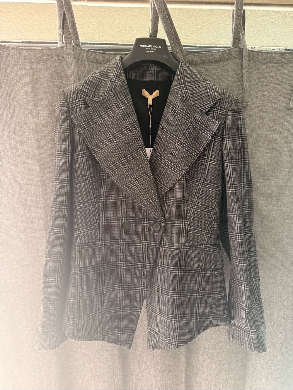 Michael Kors Black and Gray Plaid Double-Breasted Blazer